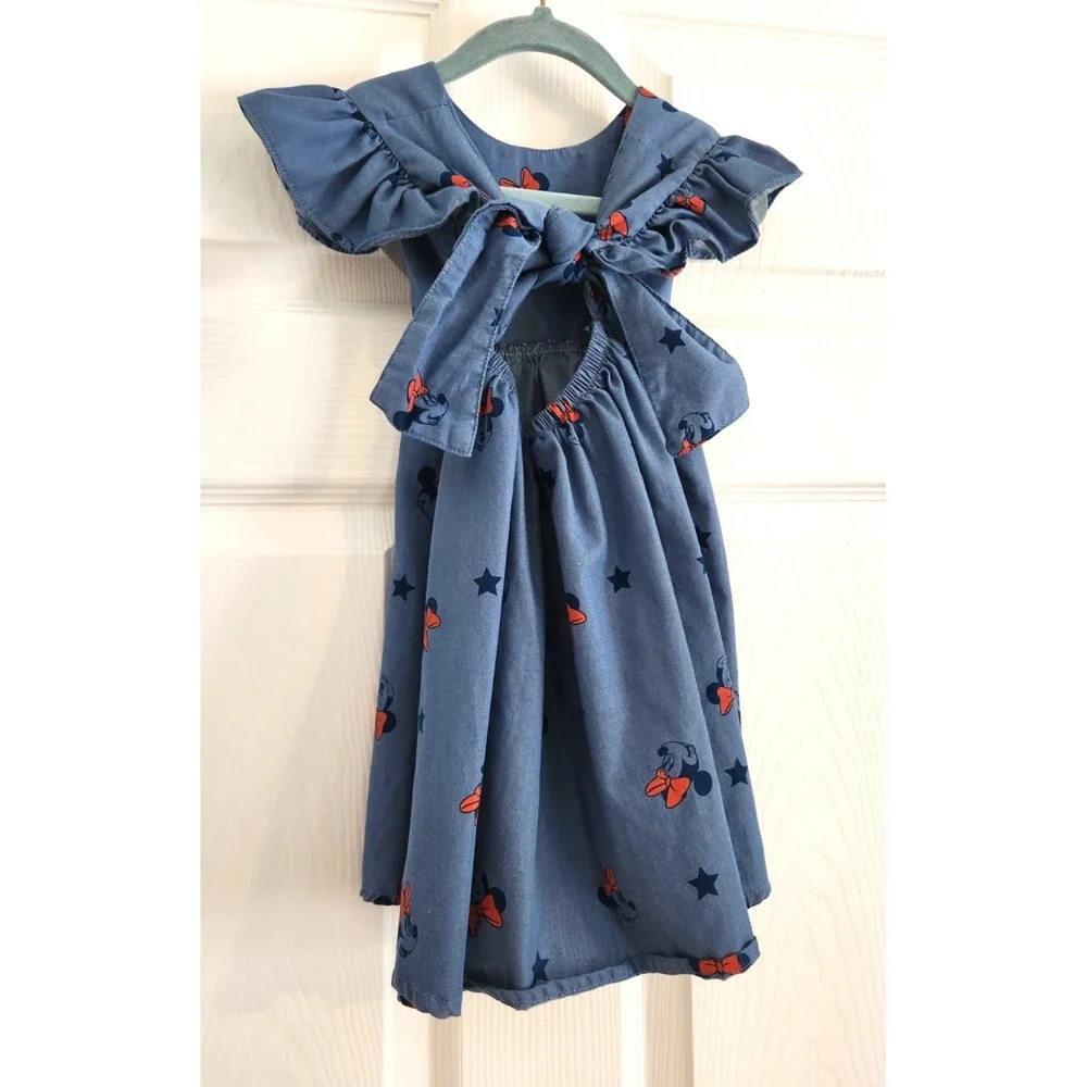 Disney Junior Minnie Mouse Blue Red Girls Sun Dress 3T Chambray Flutter Sleeve